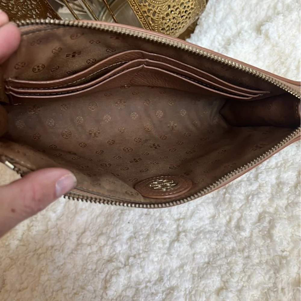 Tory Burch Brown Pebbled Leather Crossbody Wallet with Gold Logo